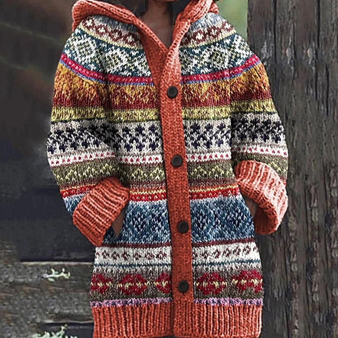 Damen Kapuzen-Strickjacke mit Norwegermuster