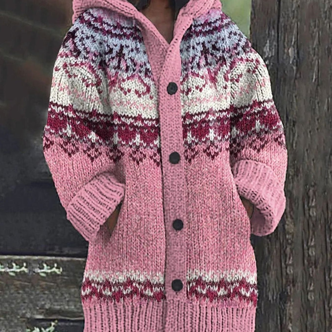 Damen Kapuzen-Strickjacke mit Norwegermuster