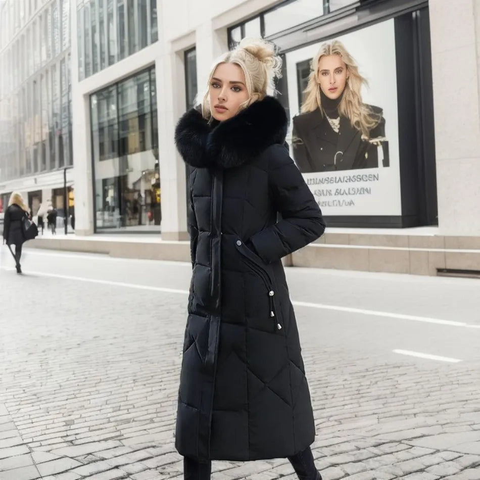 Damen lange Winterjacke mit flauschigem Kapuzenbesatz