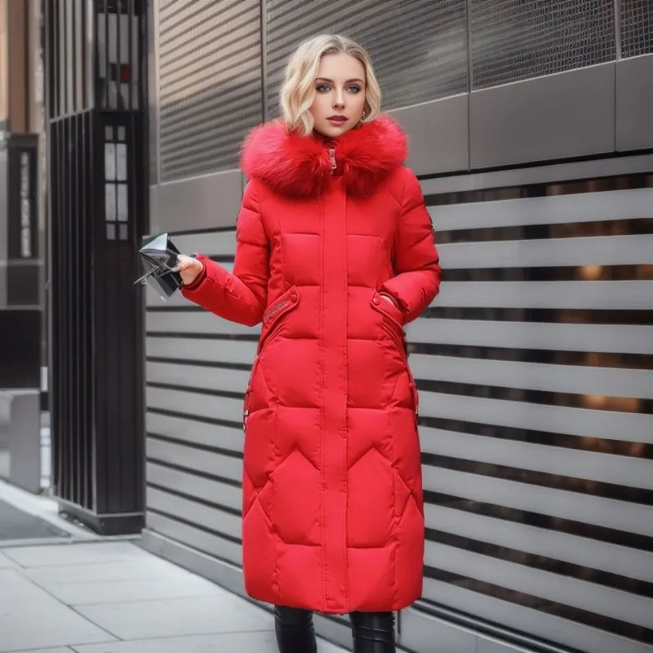 Damen lange Winterjacke mit flauschigem Kapuzenbesatz