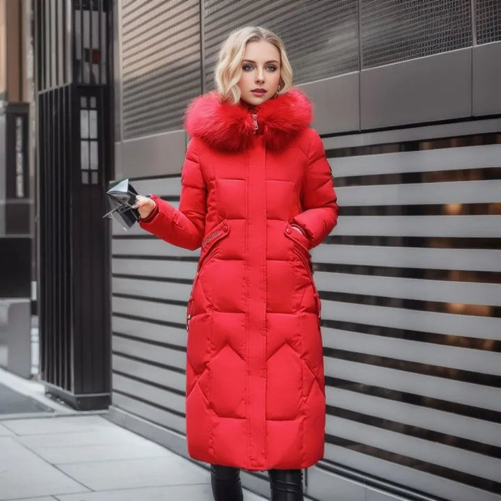 Damen lange Winterjacke mit flauschigem Kapuzenbesatz