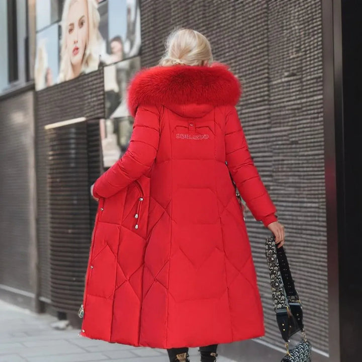 Damen lange Winterjacke mit flauschigem Kapuzenbesatz