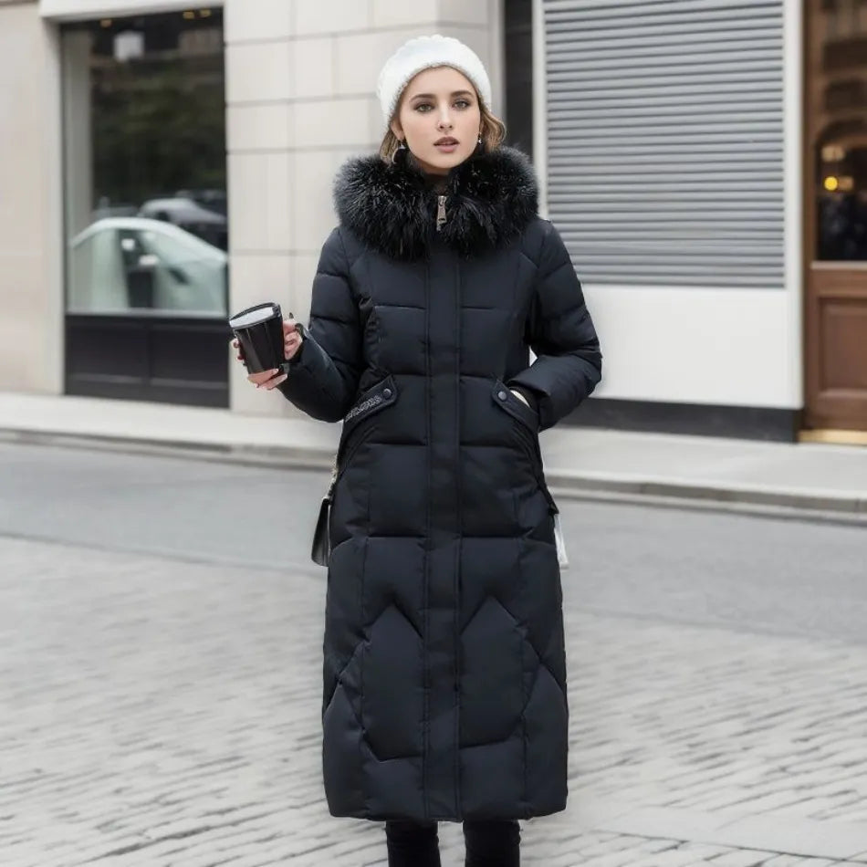 Damen lange Winterjacke mit flauschigem Kapuzenbesatz
