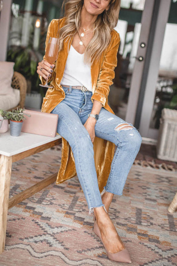 Damen langer Mantel aus Samt mit offener Front