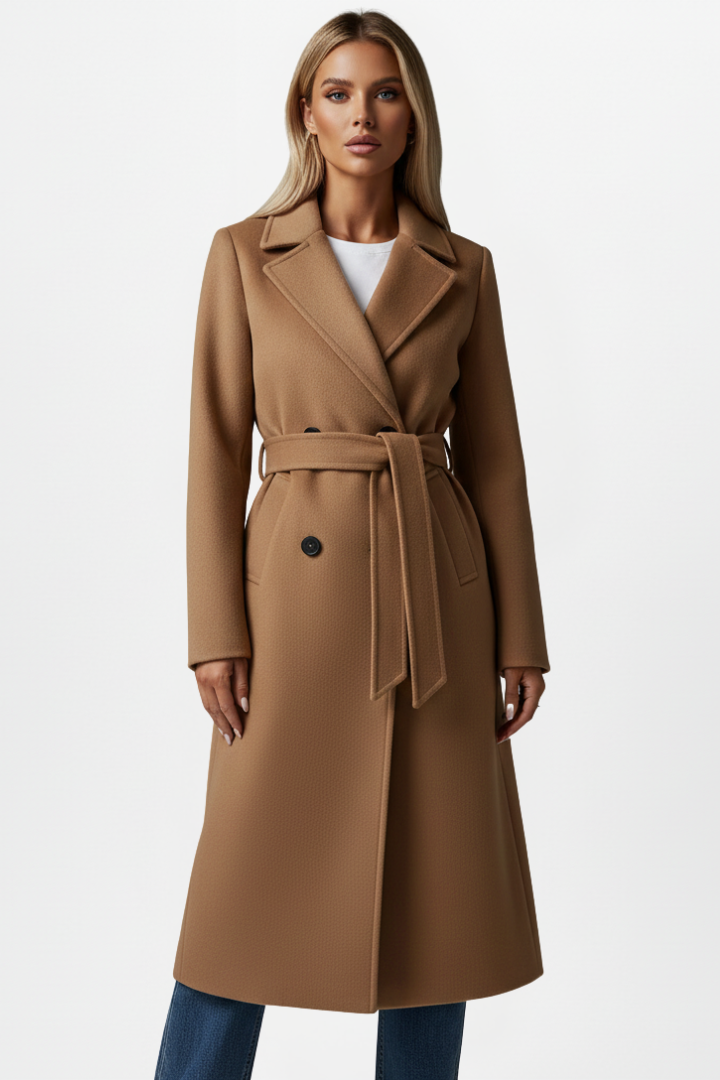 Damen langer Mantel mit Revers und Doppelknopfreihe