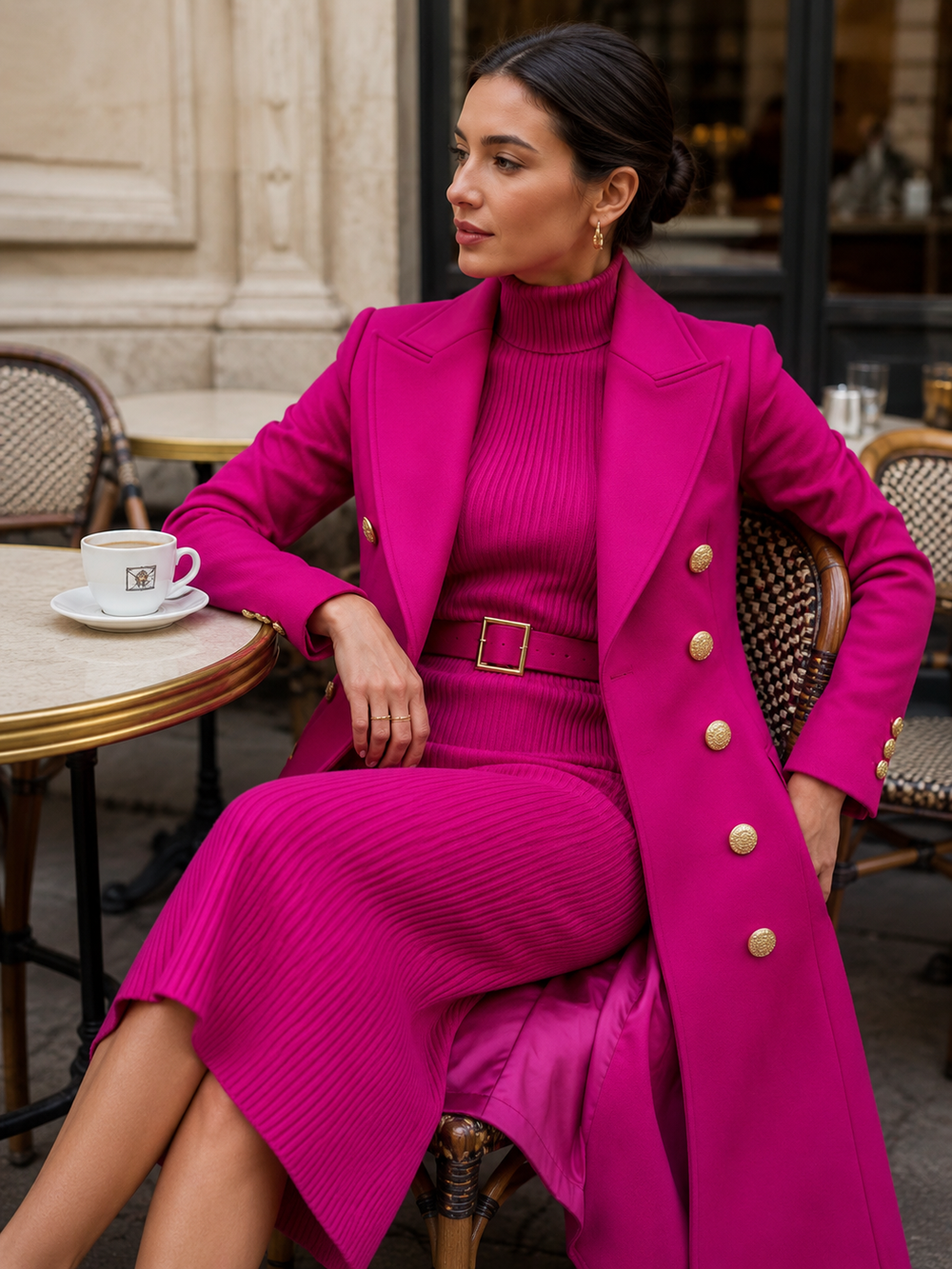 Damen langer Wintermantel mit goldenen Knöpfen und Kleid