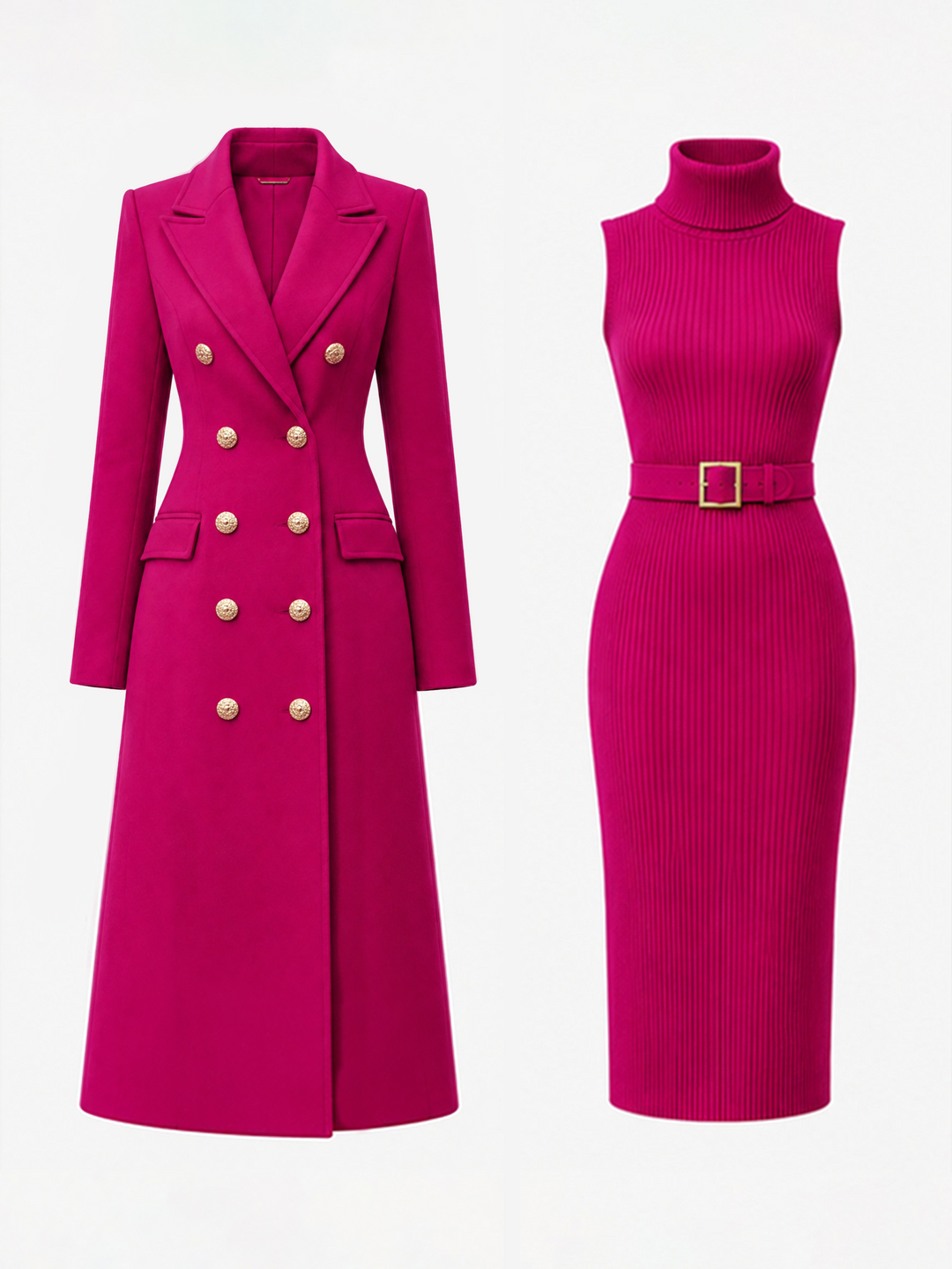 Damen langer Wintermantel mit goldenen Knöpfen und Kleid
