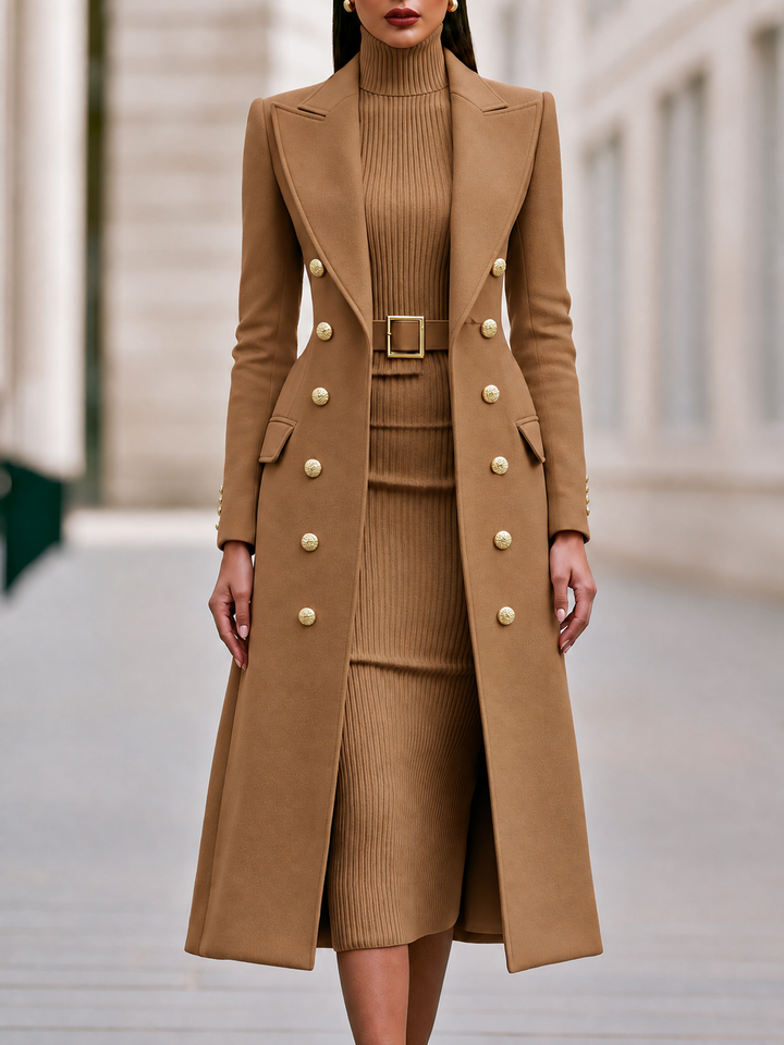 Damen langer Wintermantel mit goldenen Knöpfen und Kleid