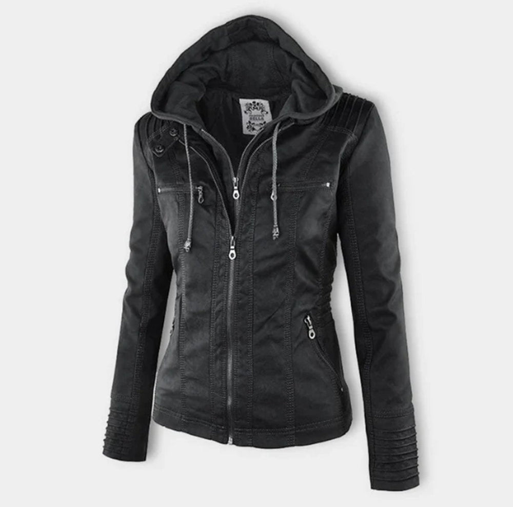Women's Hooded Faux Leather Moto Jacket Zip-Up - Black