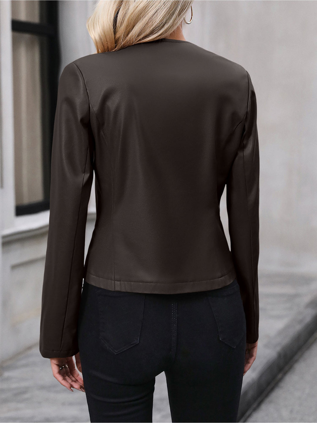 Cropped Leather Jacket with Round Neck and Silver Zip