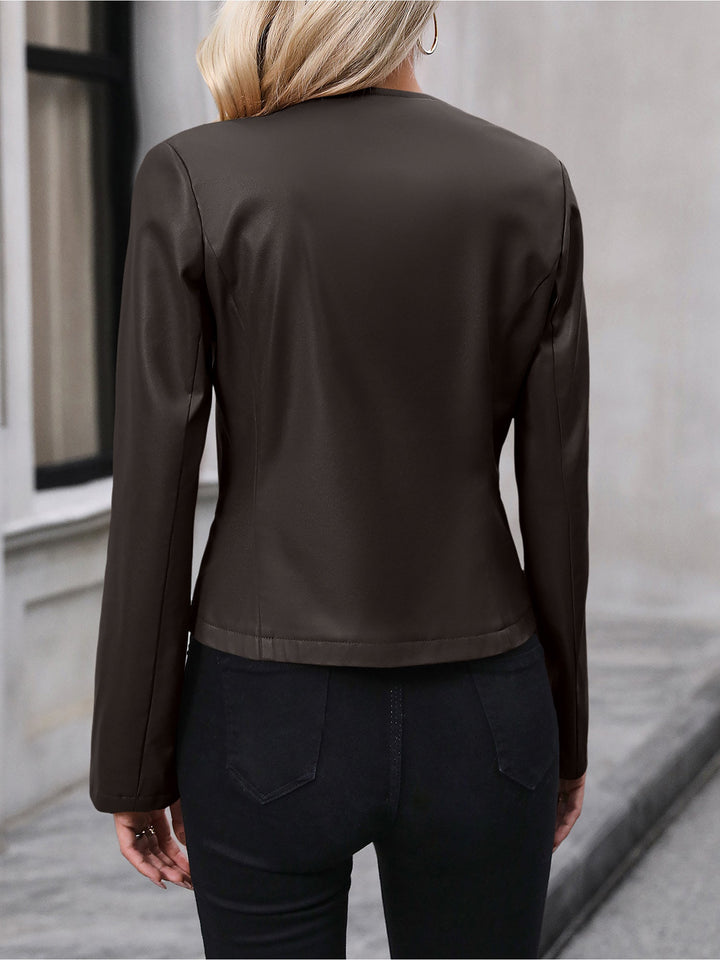 Cropped Leather Jacket with Round Neck and Silver Zip