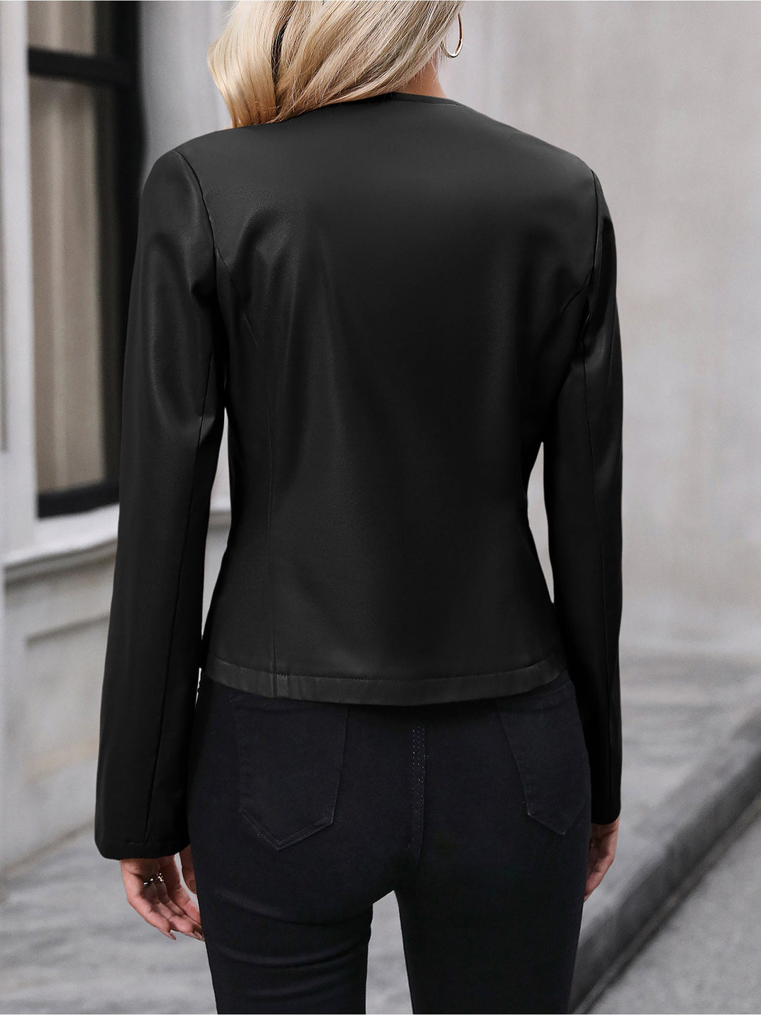 Cropped Leather Jacket with Round Neck and Silver Zip