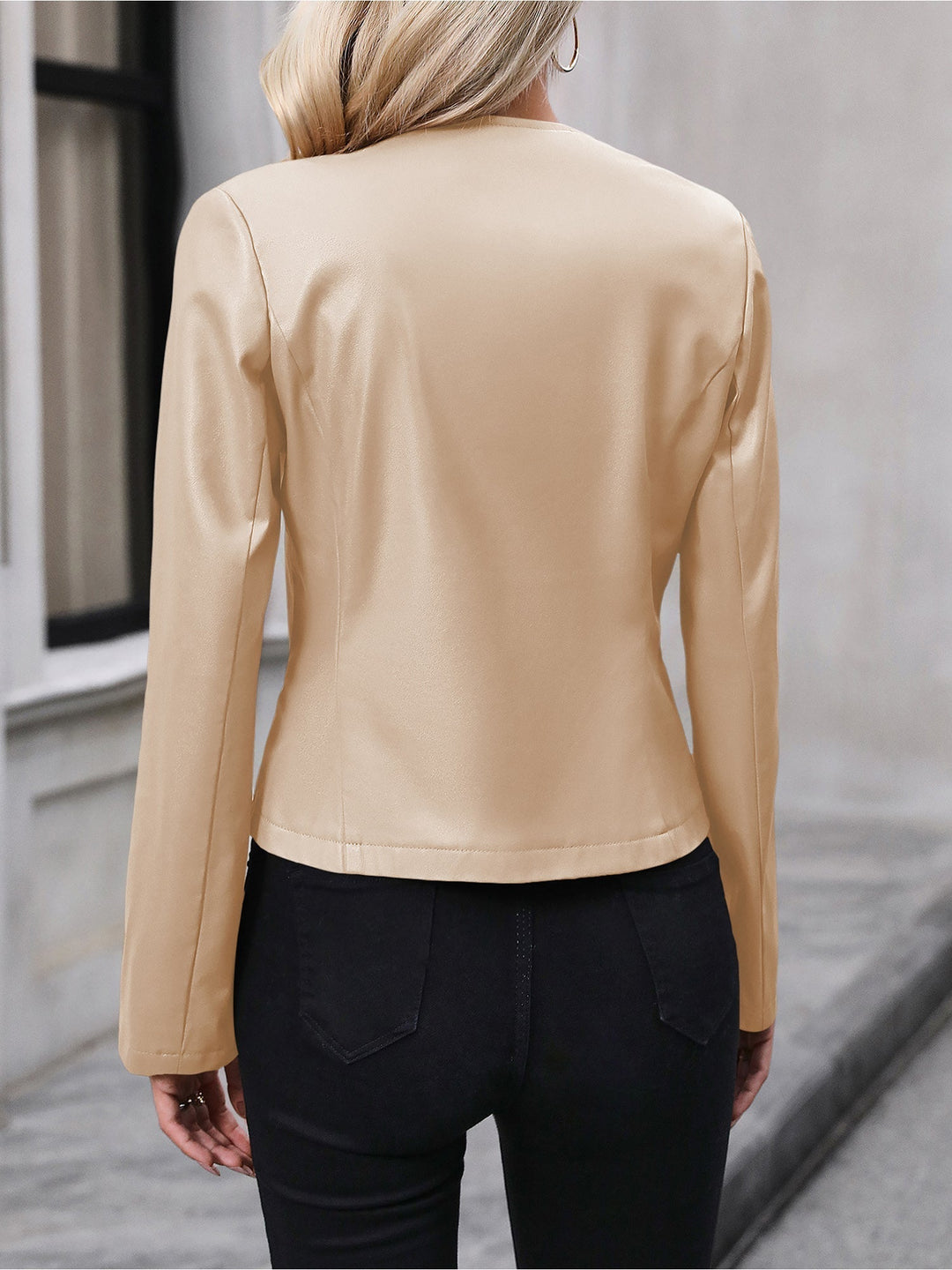 Cropped Leather Jacket with Round Neck and Silver Zip