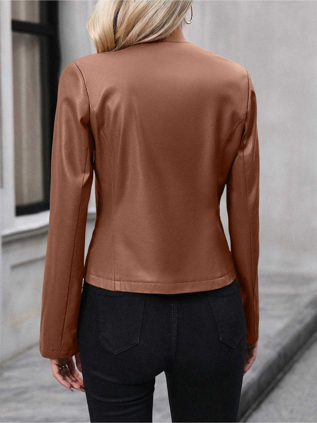 Cropped Leather Jacket with Round Neck and Silver Zip