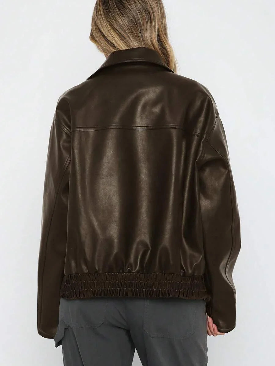 Oversized Leather Jacket with Gathered Hem and Wide Collar