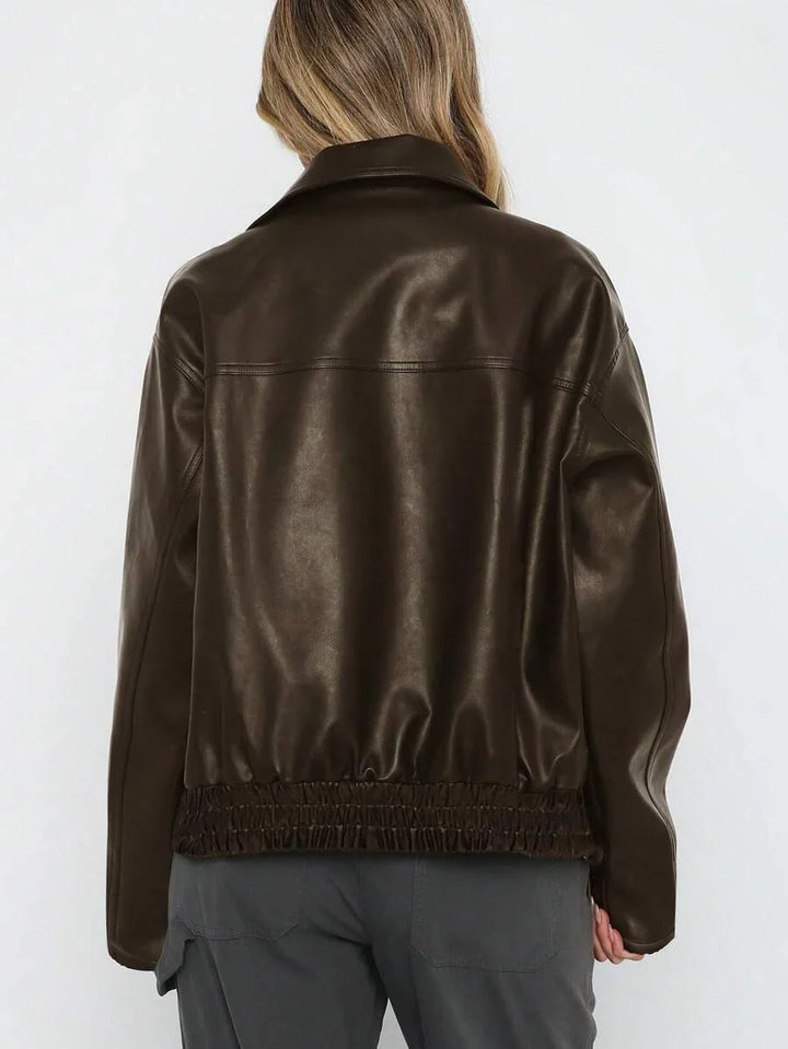 Oversized Leather Jacket with Gathered Hem and Wide Collar