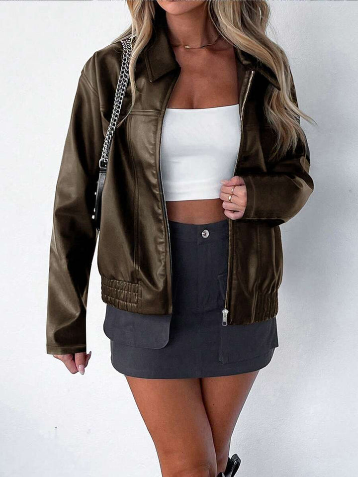 Oversized Leather Jacket with Gathered Hem and Wide Collar