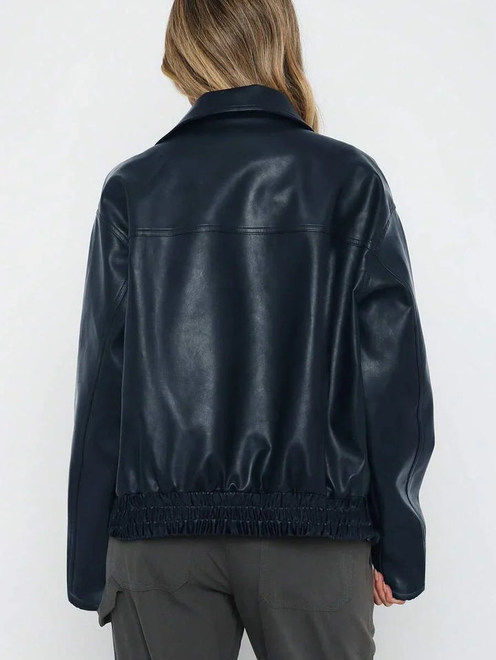 Oversized Leather Jacket with Gathered Hem and Wide Collar