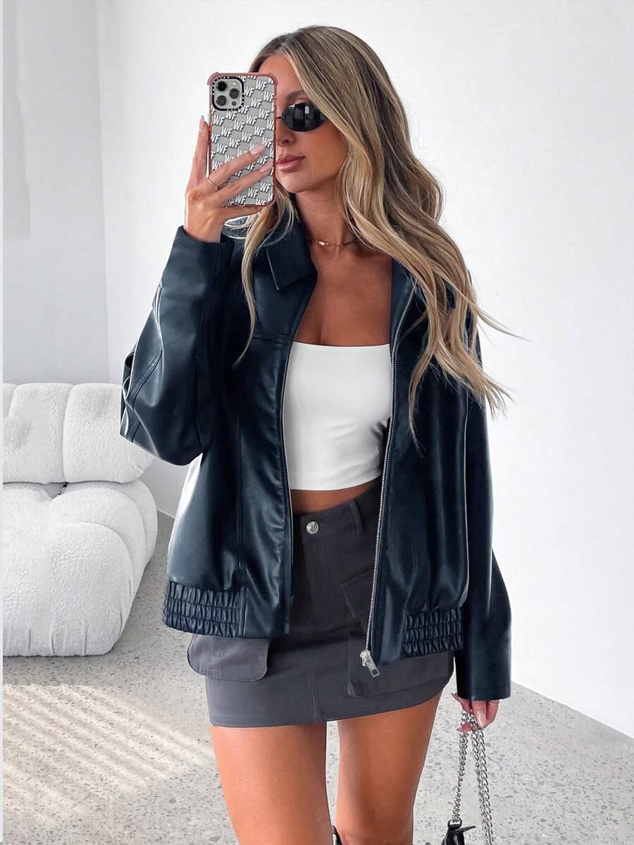 Oversized Leather Jacket with Gathered Hem and Wide Collar