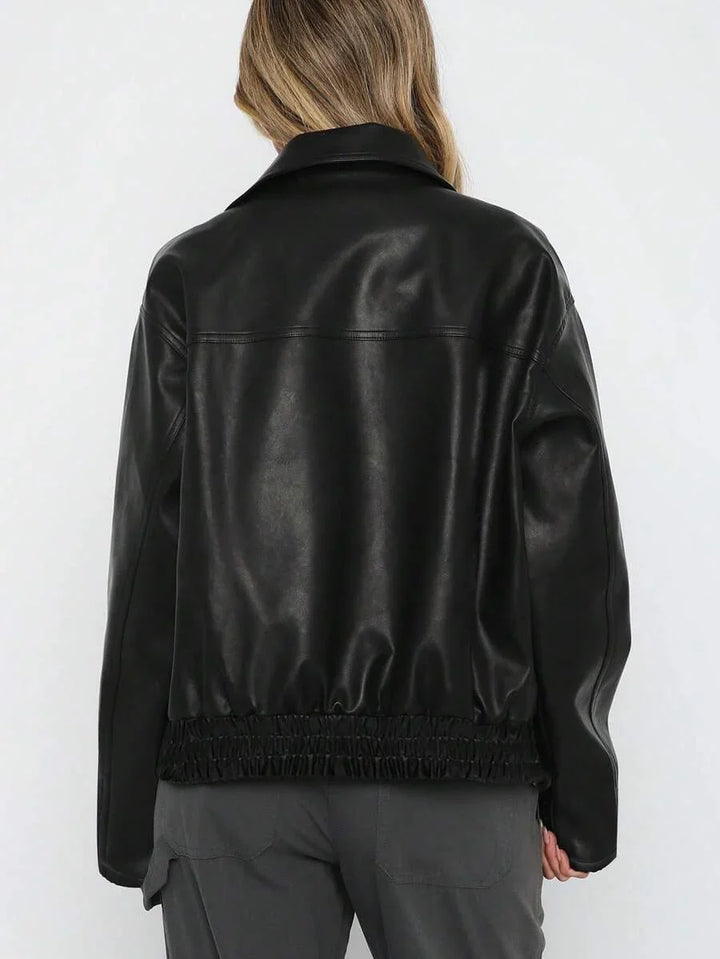 Oversized Leather Jacket with Gathered Hem and Wide Collar