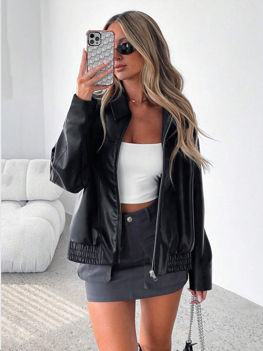 Oversized Leather Jacket with Gathered Hem and Wide Collar