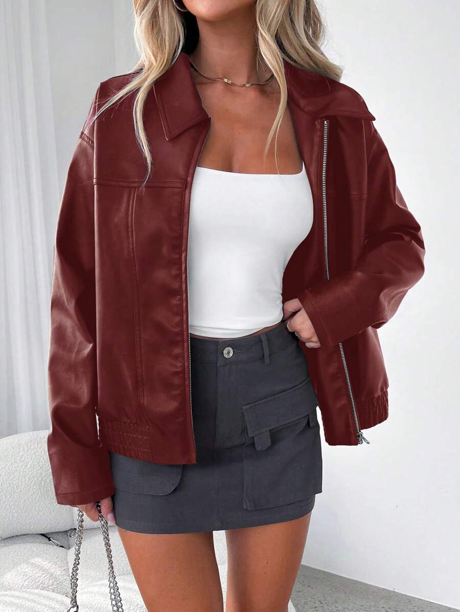 Oversized Leather Jacket with Gathered Hem and Wide Collar