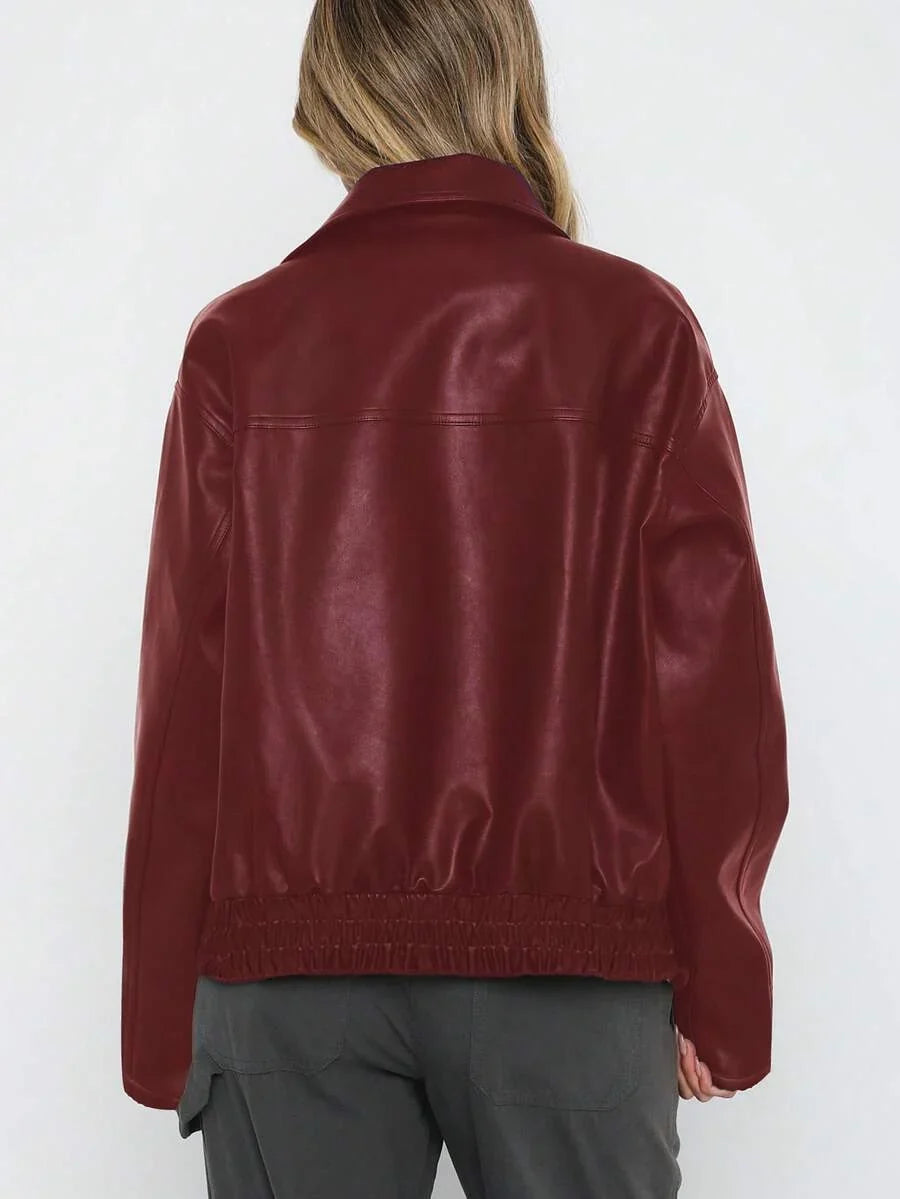 Oversized Leather Jacket with Gathered Hem and Wide Collar
