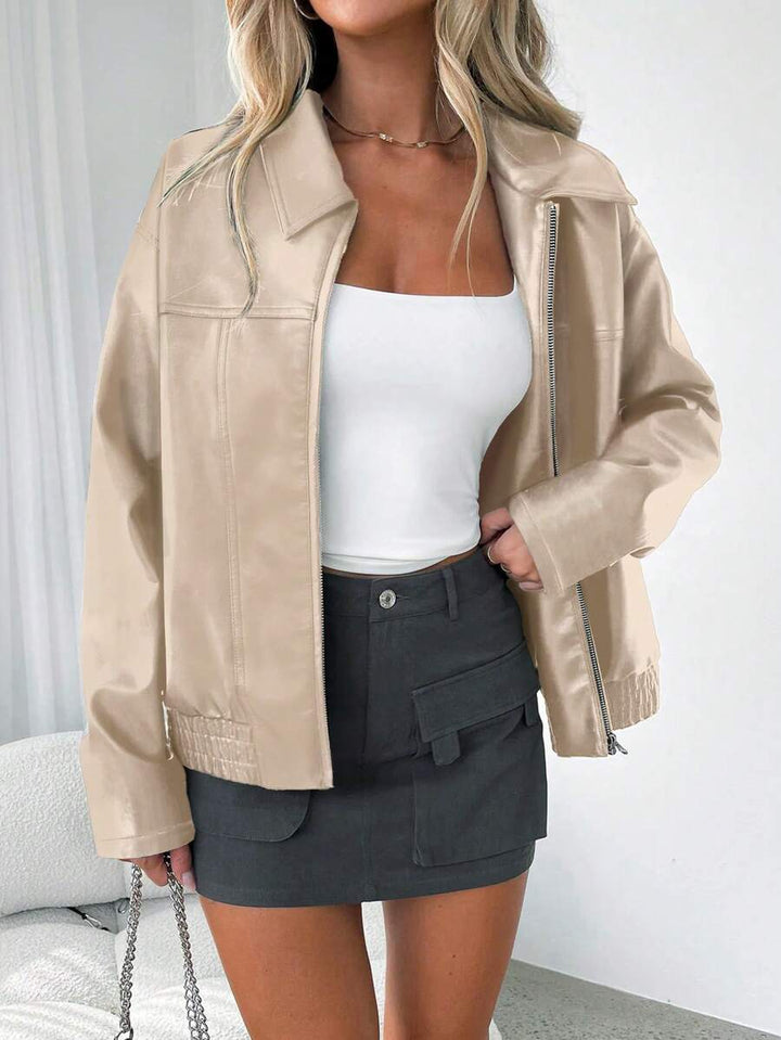Oversized Leather Jacket with Gathered Hem and Wide Collar