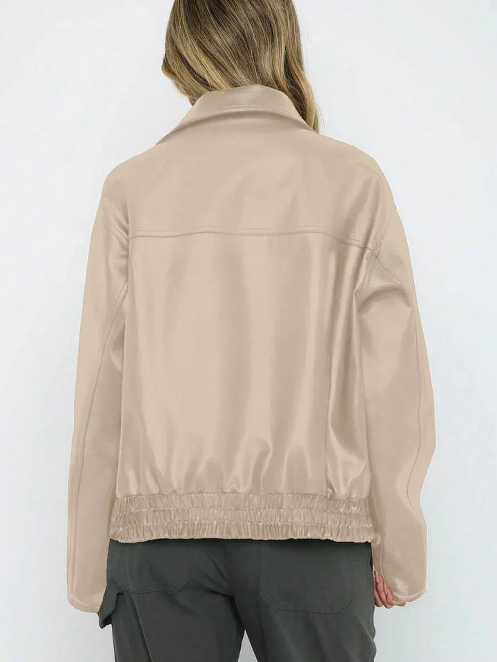 Oversized Leather Jacket with Gathered Hem and Wide Collar