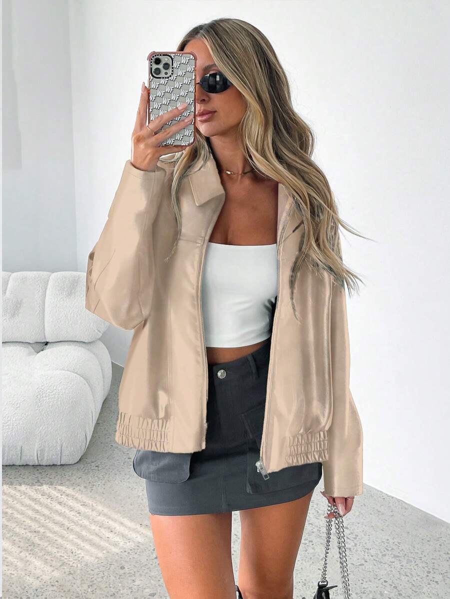 Oversized Leather Jacket with Gathered Hem and Wide Collar