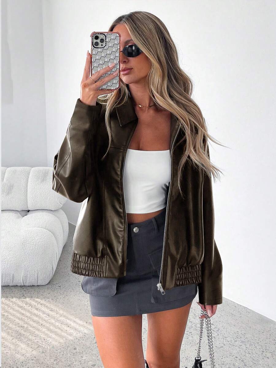 Oversized Leather Jacket with Gathered Hem and Wide Collar