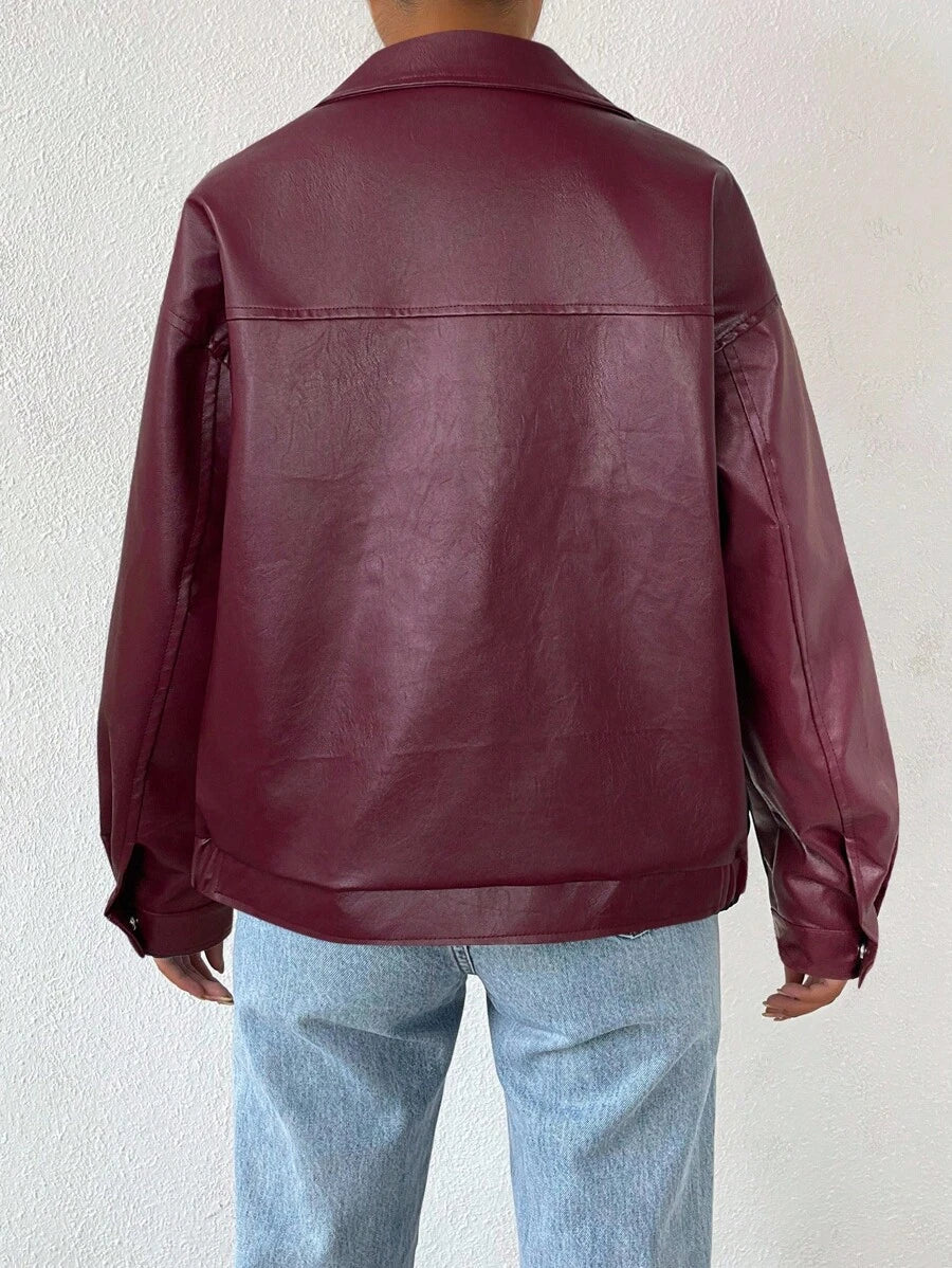 Oversized Leather Jacket with Drop Shoulder and Collar