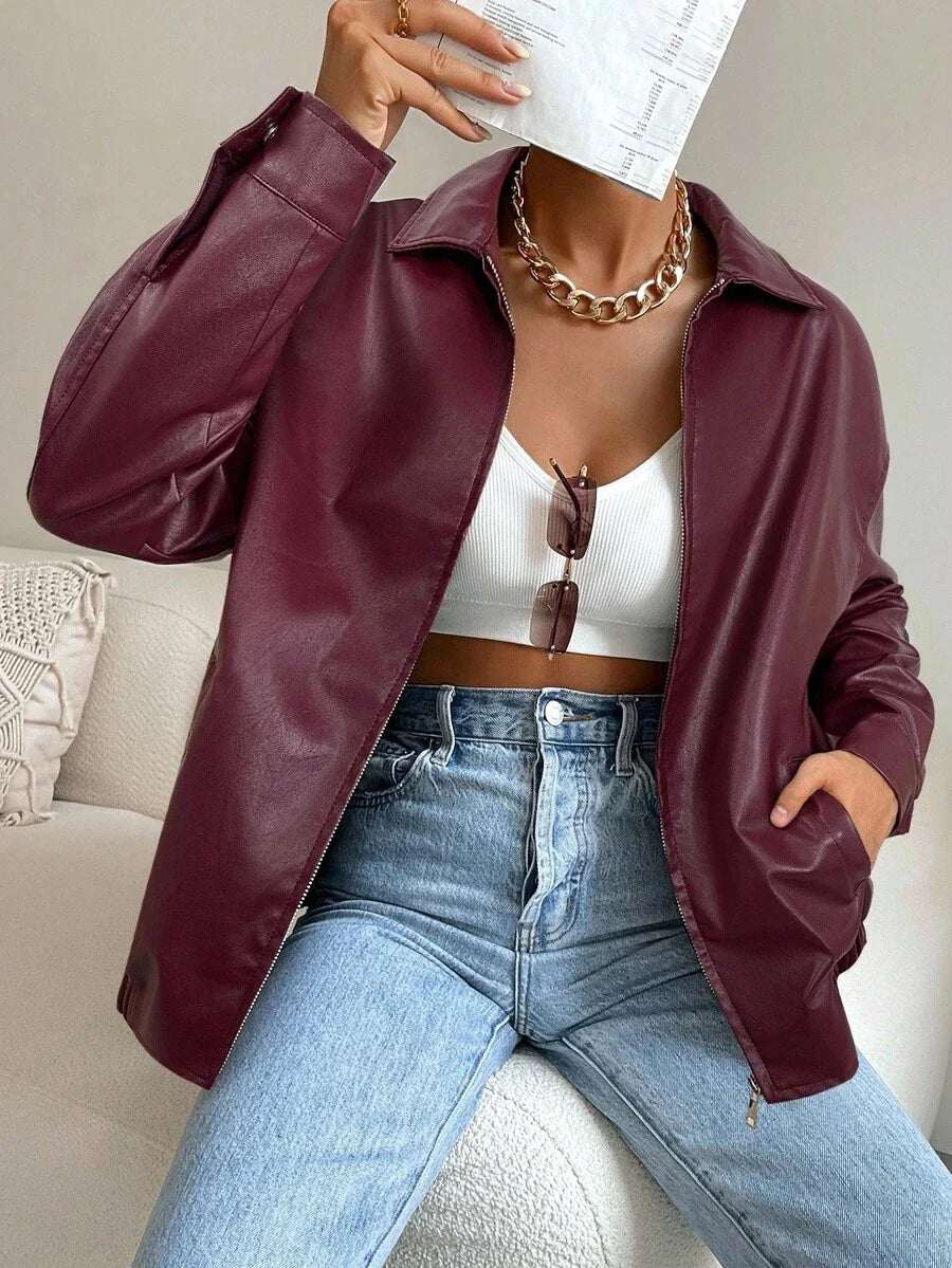 Oversized Leather Jacket with Drop Shoulder and Collar