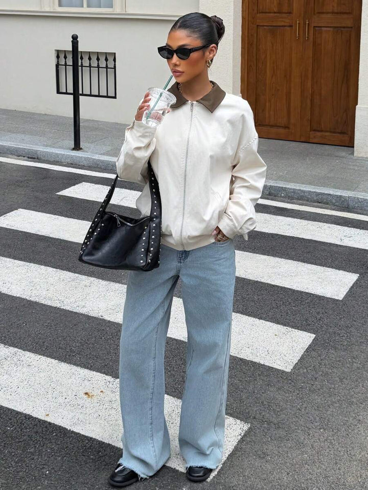 Oversized Leather Jacket with Drop Shoulder and Collar