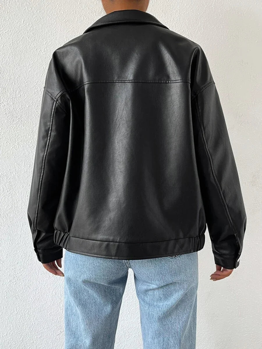 Oversized Leather Jacket with Drop Shoulder and Collar