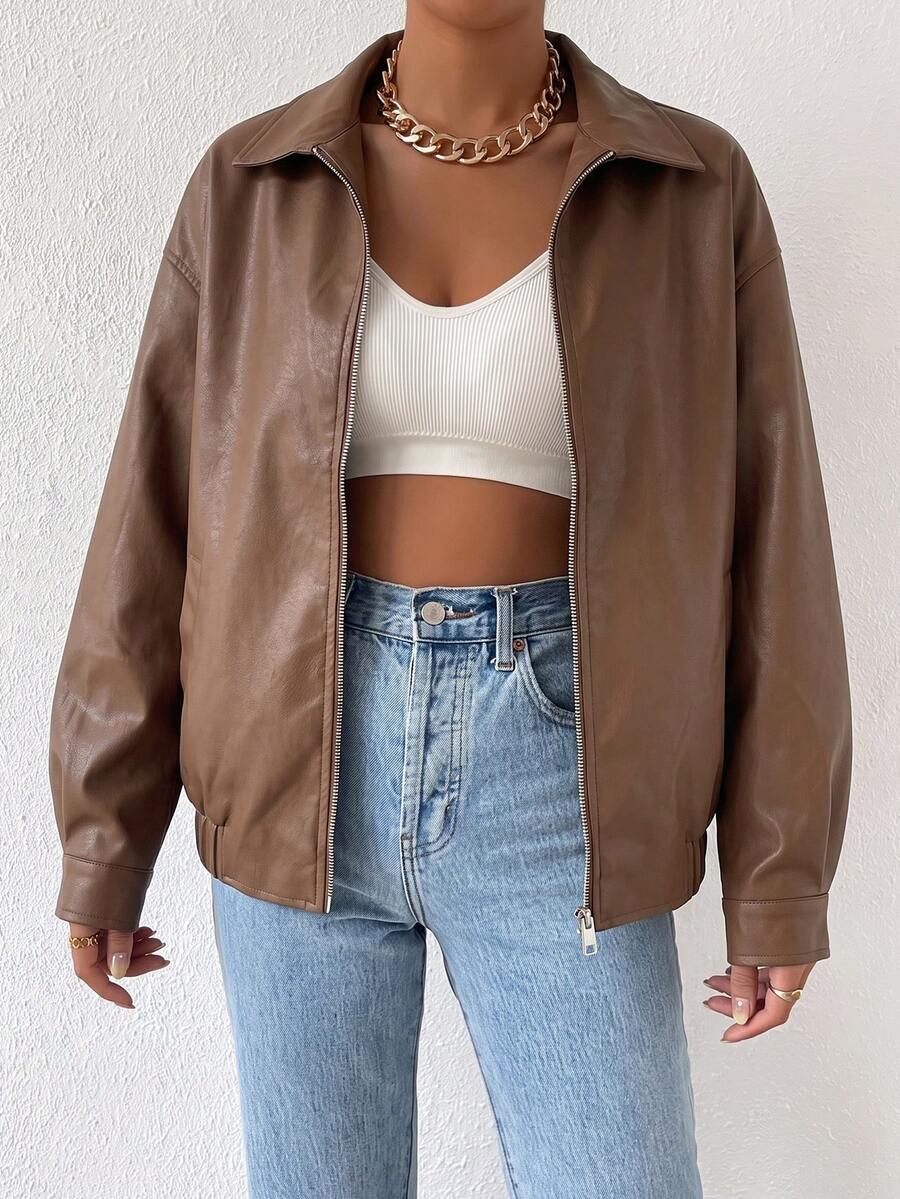 Oversized Leather Jacket with Drop Shoulder and Collar