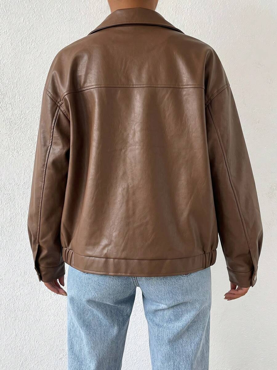 Oversized Leather Jacket with Drop Shoulder and Collar