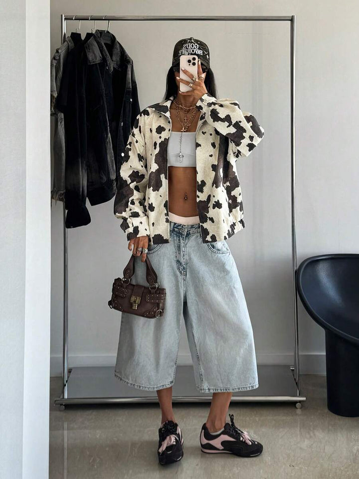 Oversized Leather Jacket with Drop Shoulder and Collar