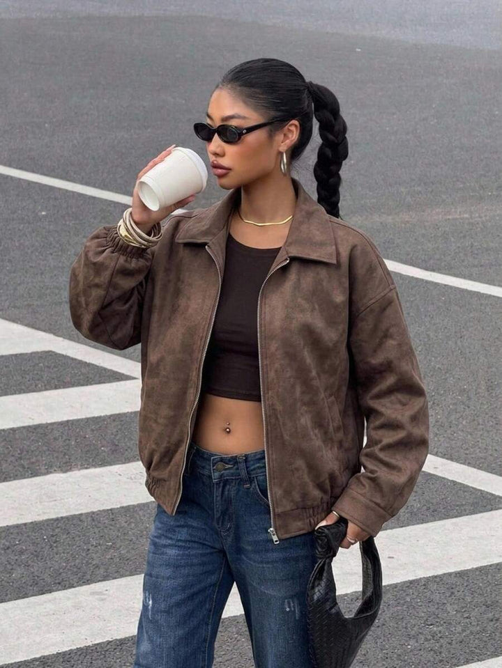 Oversized Leather Jacket with Drop Shoulder and Collar