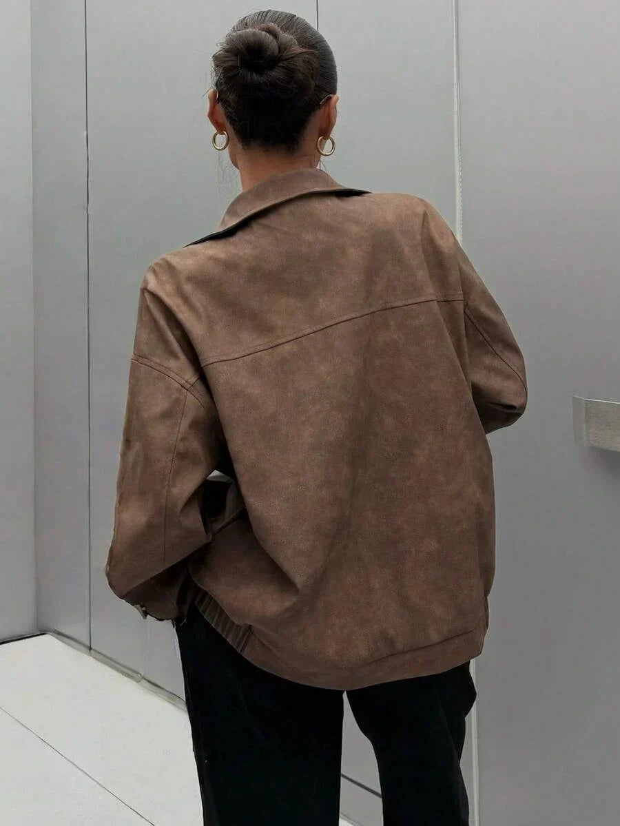 Oversized Leather Jacket with Drop Shoulder and Collar