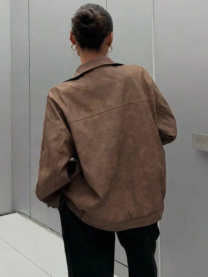 Oversized Leather Jacket with Drop Shoulder and Collar