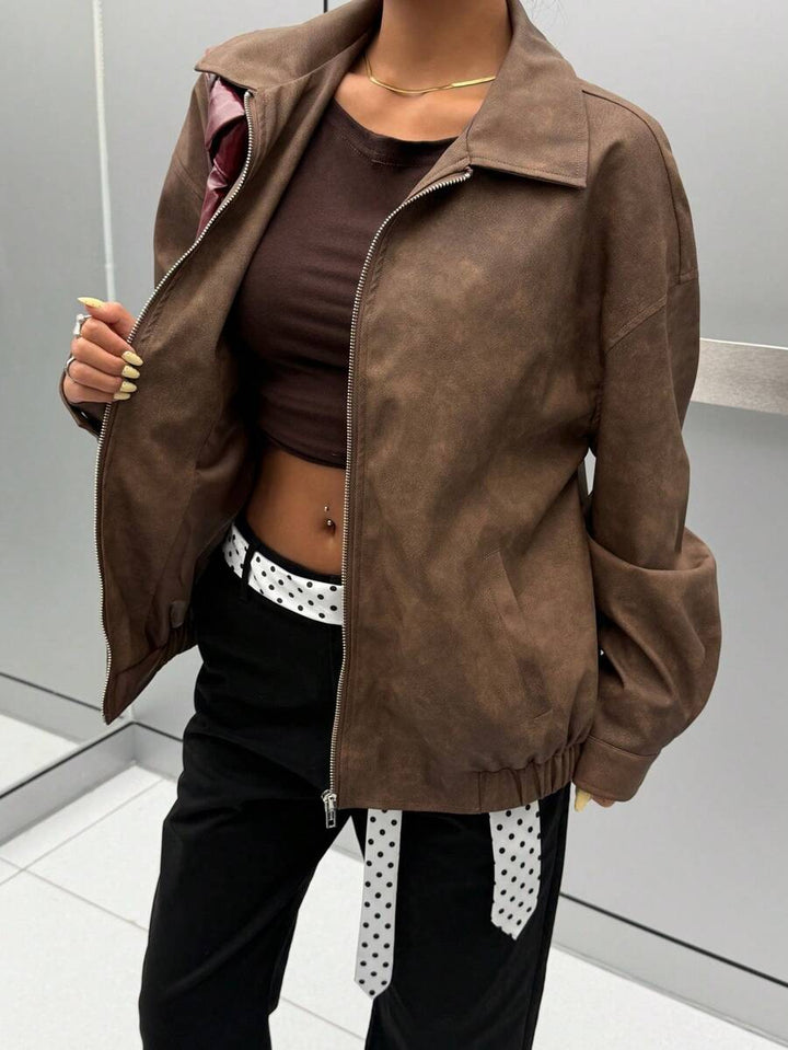 Oversized Leather Jacket with Drop Shoulder and Collar