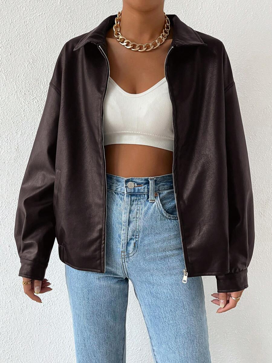 Oversized Leather Jacket with Drop Shoulder and Collar