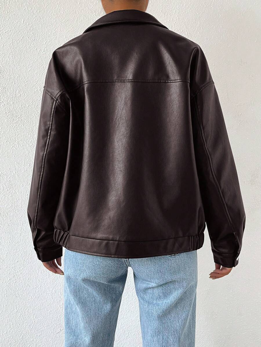 Oversized Leather Jacket with Drop Shoulder and Collar