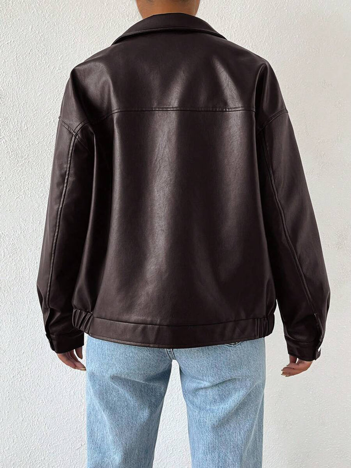 Oversized Leather Jacket with Drop Shoulder and Collar