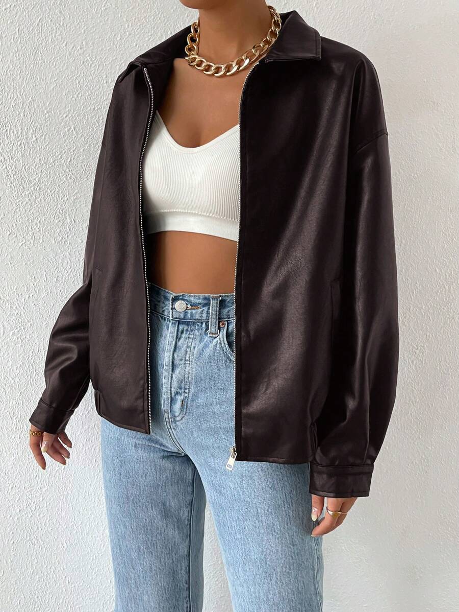 Oversized Leather Jacket with Drop Shoulder and Collar