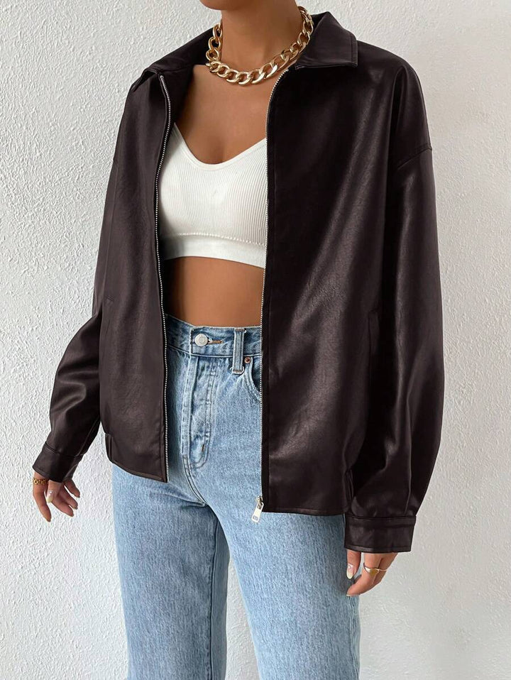 Oversized Leather Jacket with Drop Shoulder and Collar