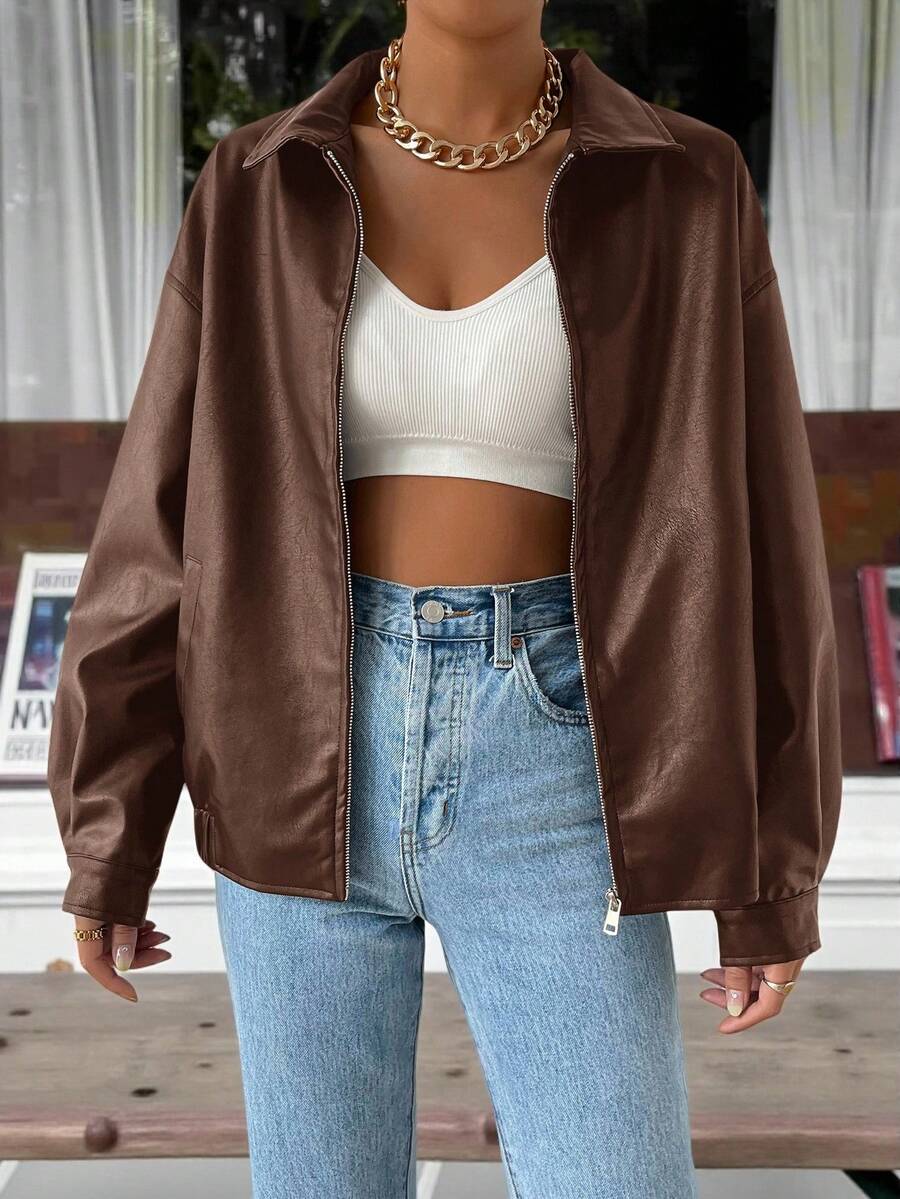 Oversized Leather Jacket with Drop Shoulder and Collar