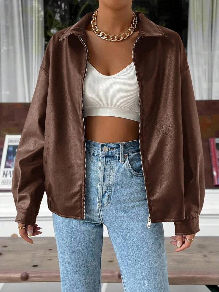 Oversized Leather Jacket with Drop Shoulder and Collar