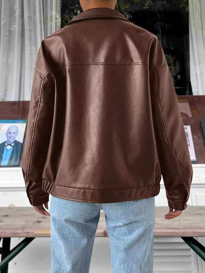 Oversized Leather Jacket with Drop Shoulder and Collar